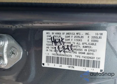 2009 Honda Accord 3.5 Ex-L z USA, uszkodzony, nr VIN 1HGCS22829A004372